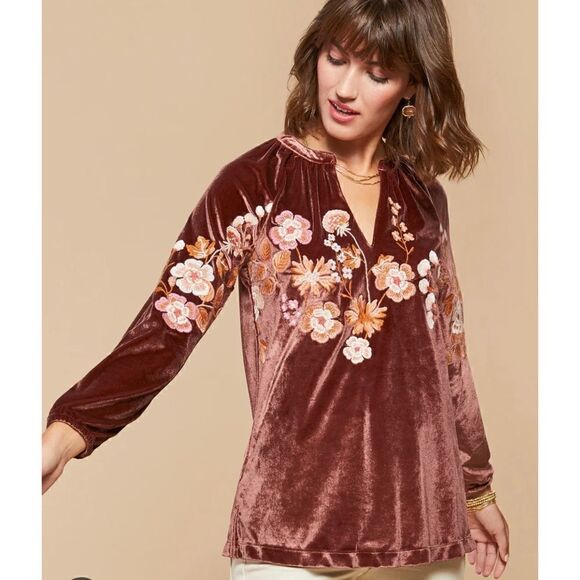 Spartina 449 Genevieve Embroidered Velvet Top - Lucas Theater Embroidery Size S - Picture 2 of 3
